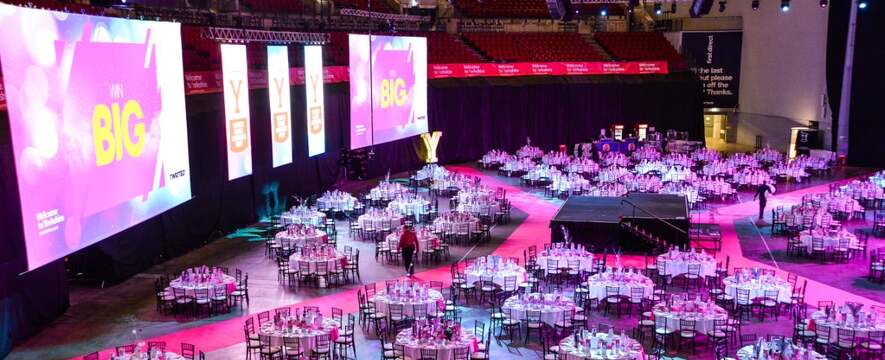 Hire <First Direct Arena> | Spaces Unlocked | <dining room with round tables>