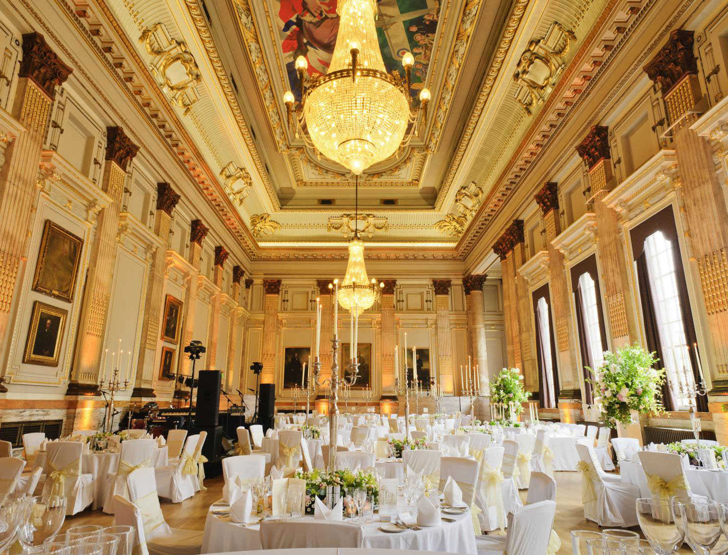 great hall with white tables